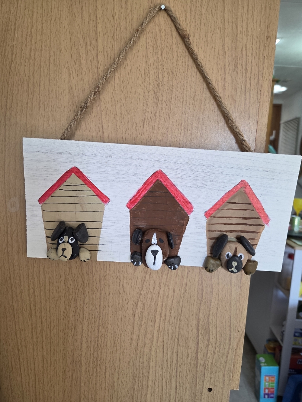 Handmade Dog House Rock Wall Hanging - White with Brown & Red Accents 11 6